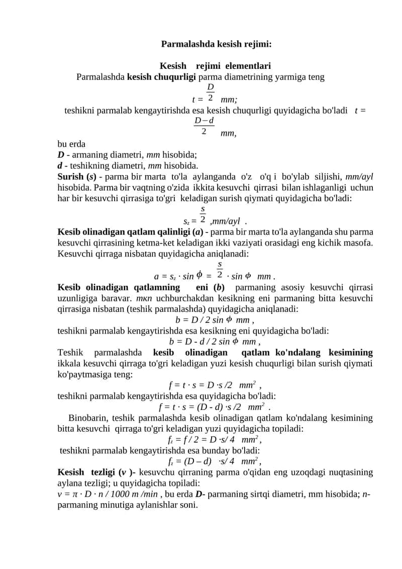 Parmalashda kesish rejimi 1