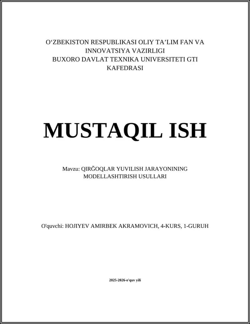 QIRĞOQLAR YUVILISH JARAYONINING MODELLASHTIRISH USULLARI 1