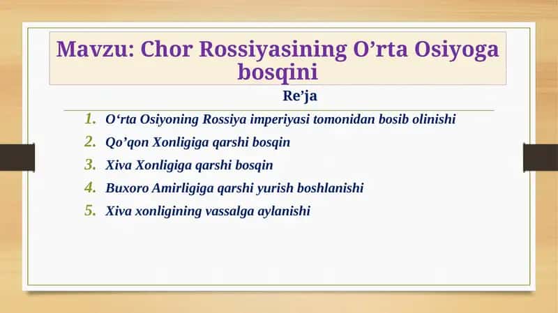 Chor Rossiyasining O’rta Osiyoga bosqini 1
