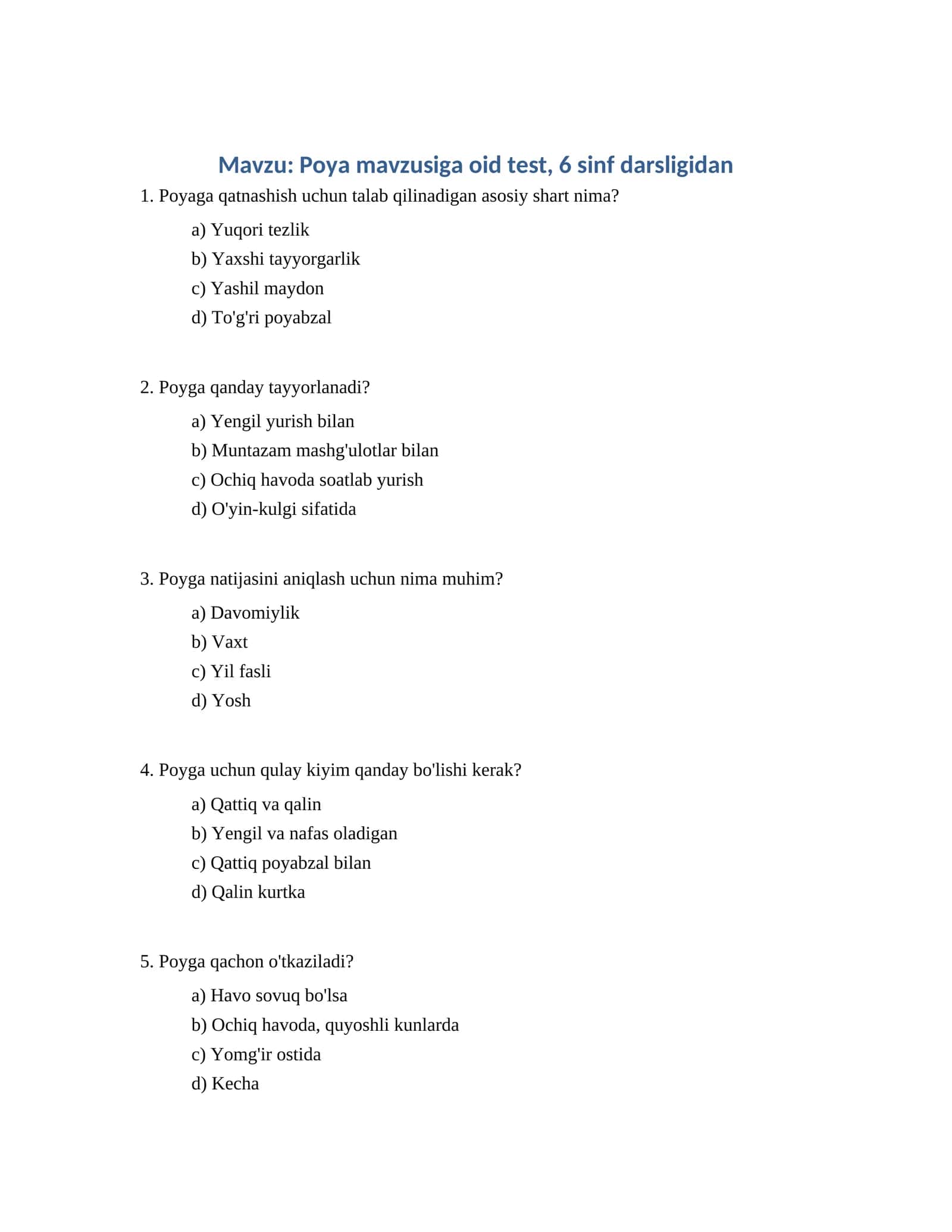 Poya mavzusiga oid test, 6 sinf darsligidan 1