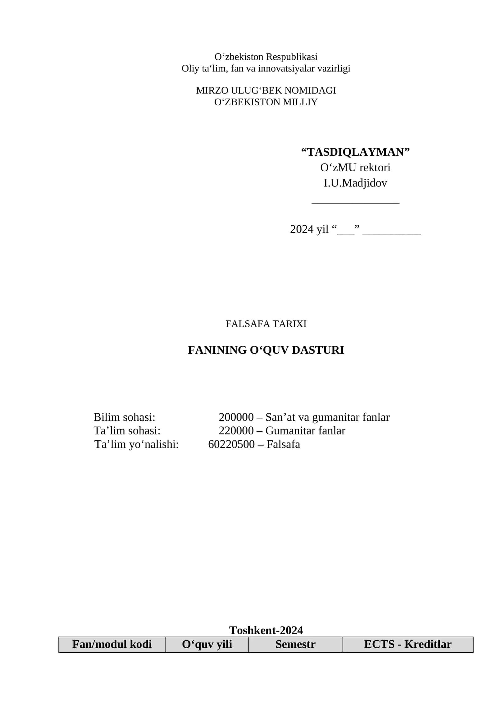 FALSAFA TARIXI FANINING O‘QUV DASTURI 1