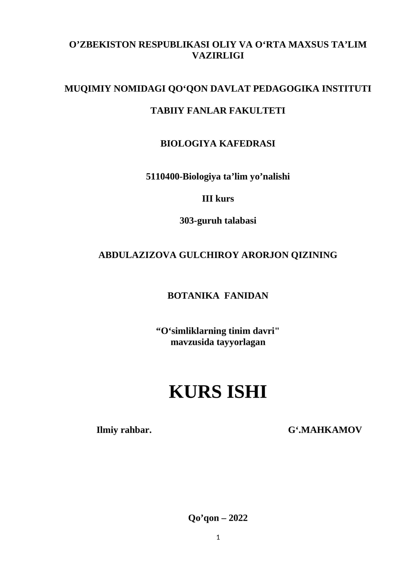 O‘simliklarning tinim davri KURS ISHI 1