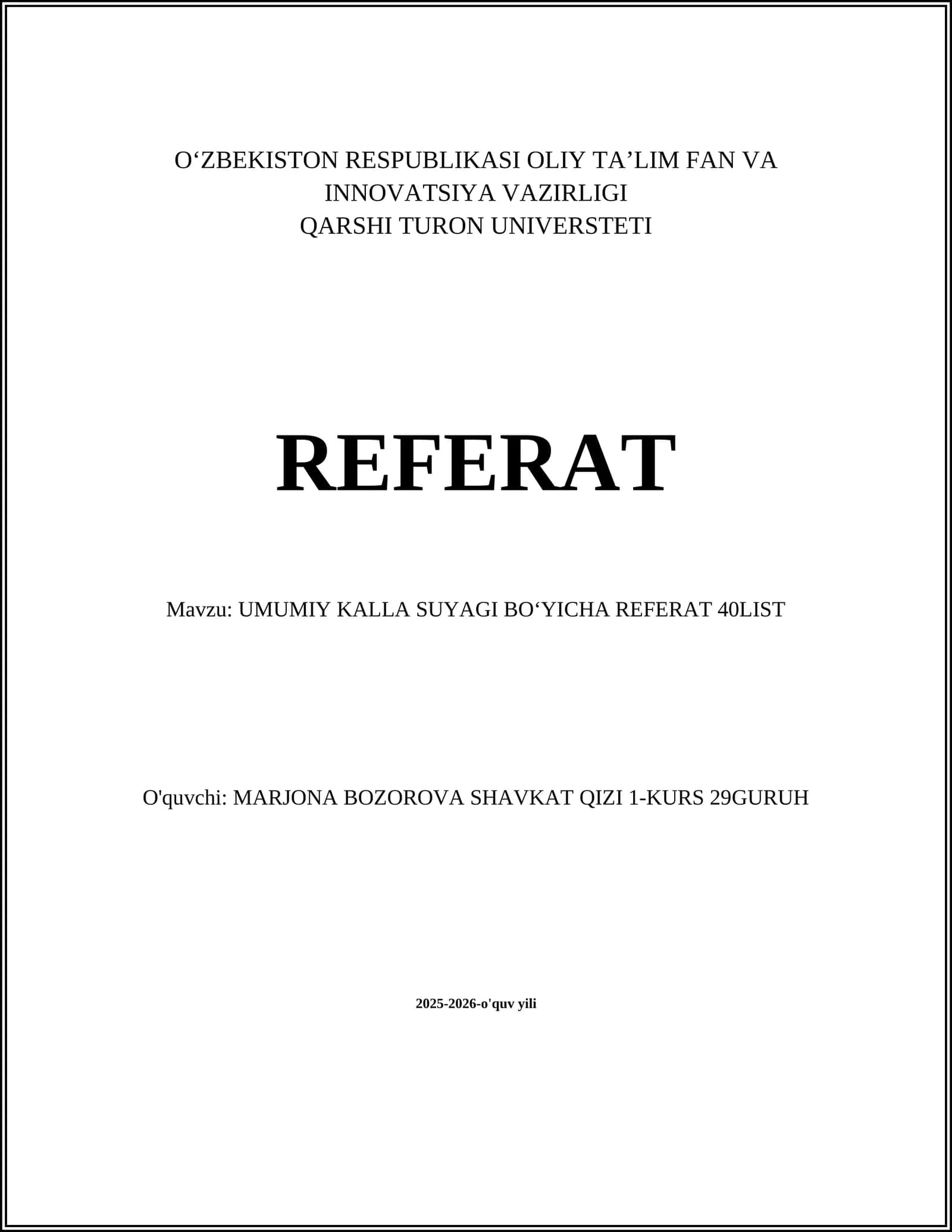 UMUMIY KALLA SUYAGI BOʻYICHA REFERAT 1