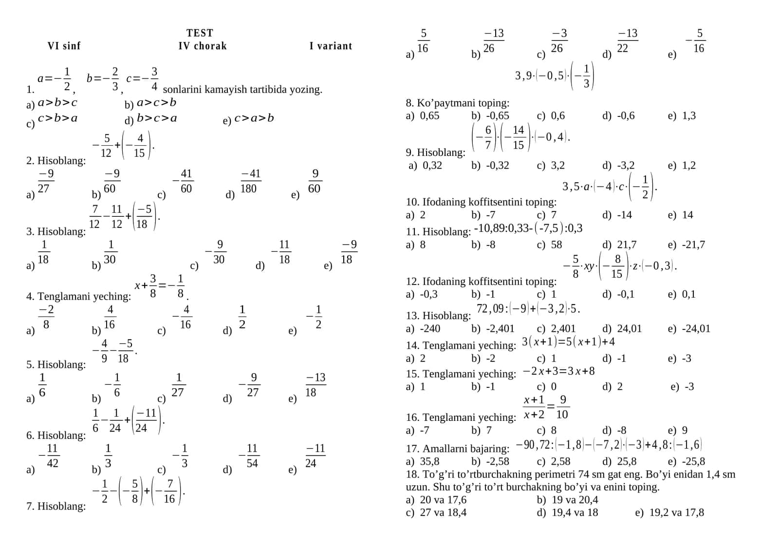 VI sinf IV chorak I variant 1
