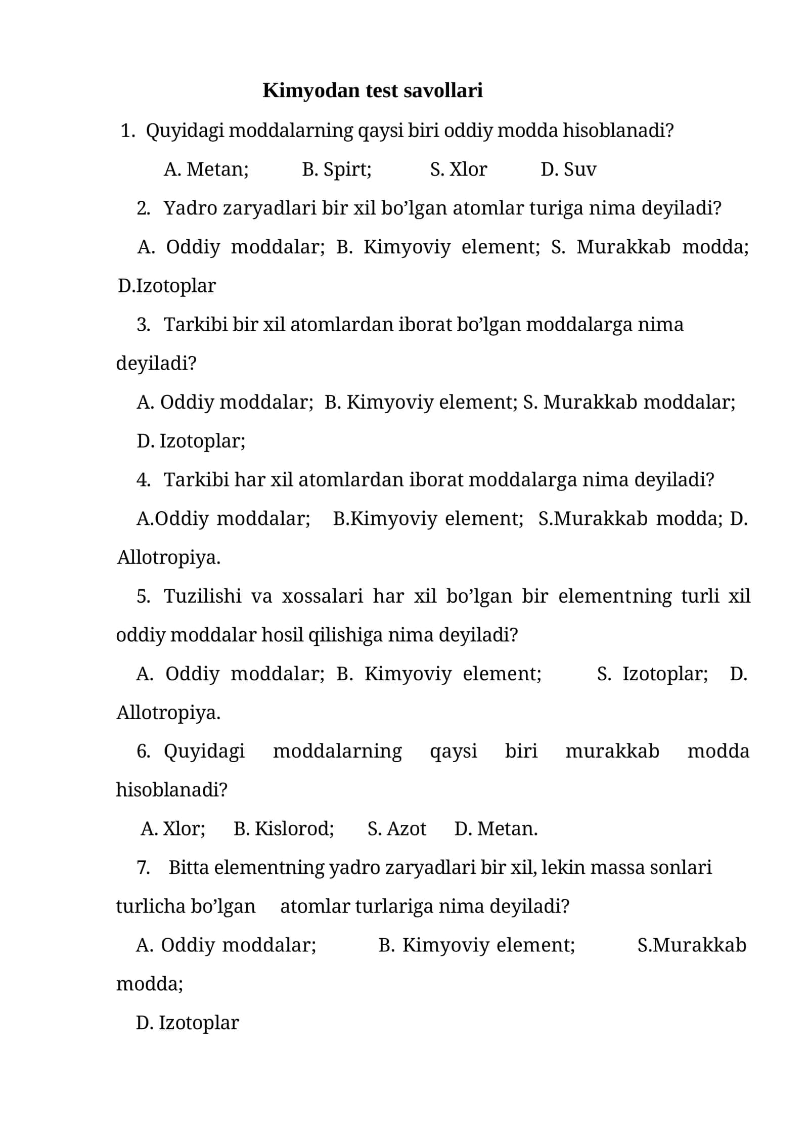 Kimyodan test savollari 1