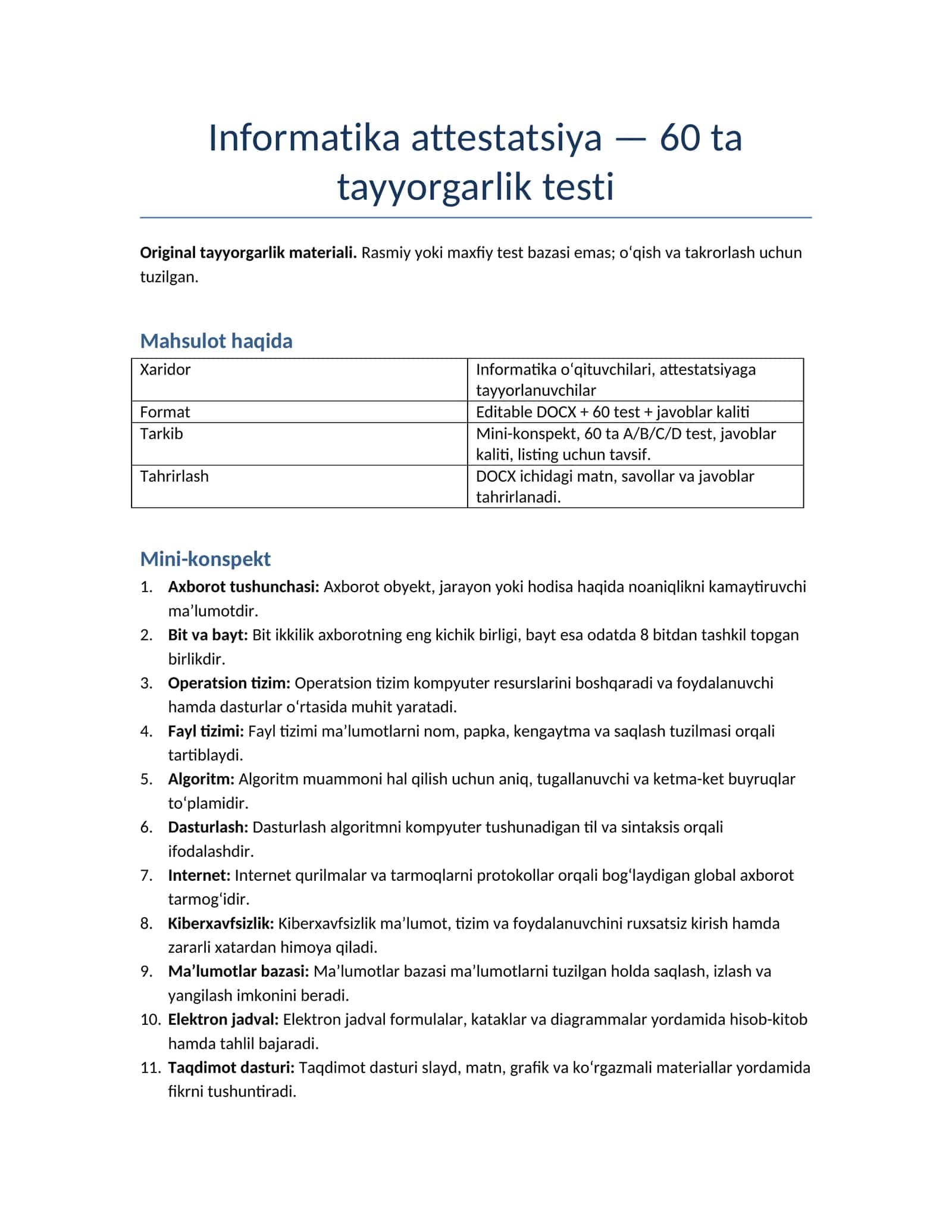 Informatika Attestatsiya - 60 ta Tayyorgarlik Testi 1