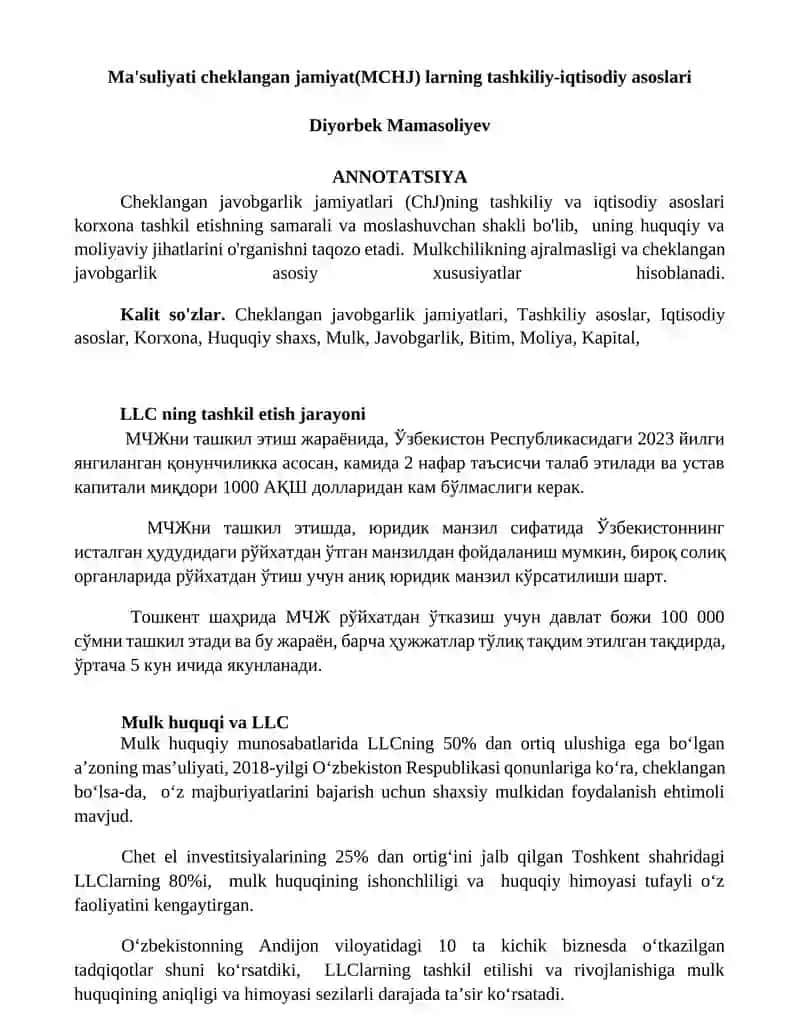 Ma'suliyati cheklangan jamiyat(MCHJ) larning tashkiliy-iqtisodiy asoslari