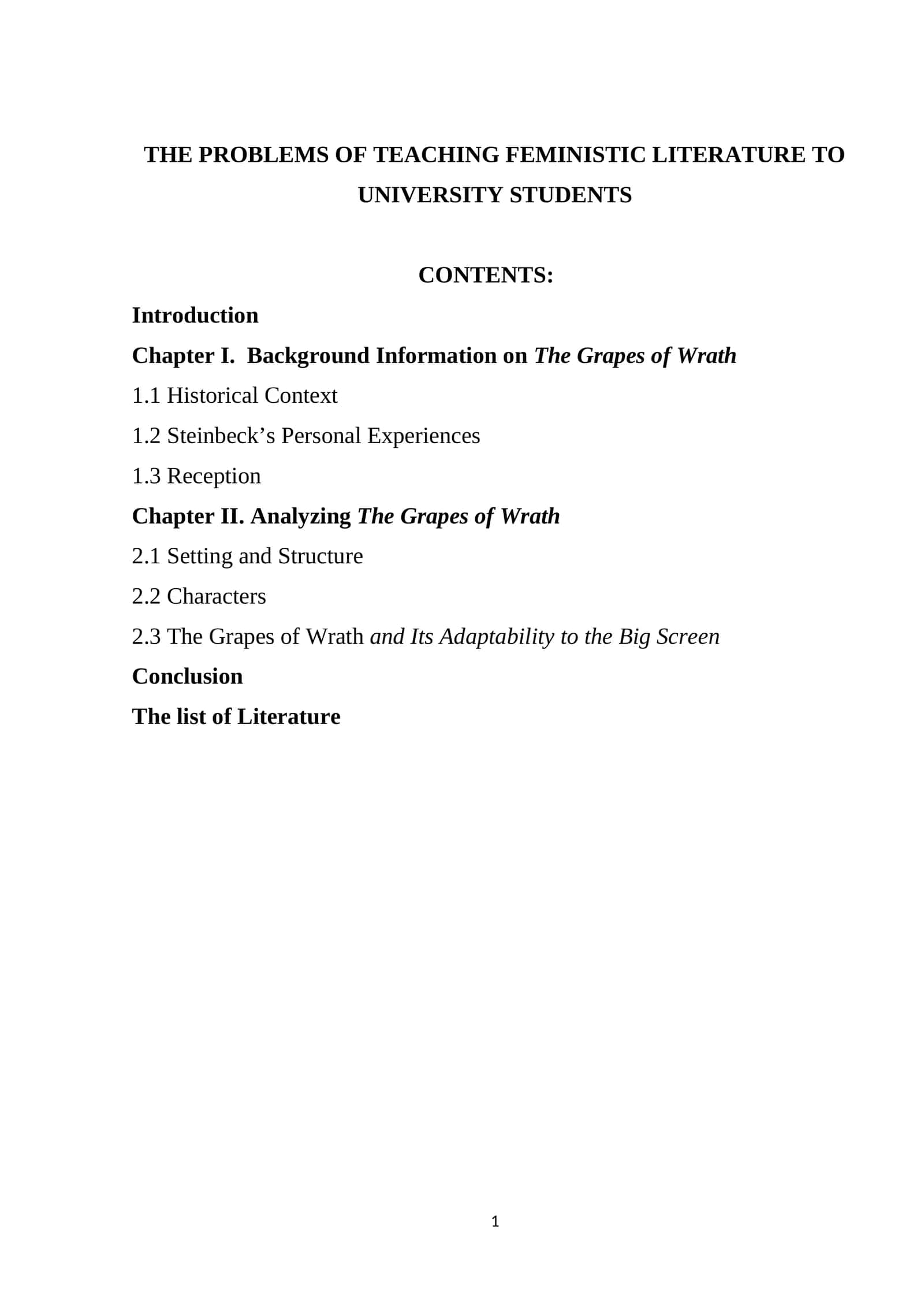 THE PROBLEMS OF TEACHING FEMINISTIC LITERATURE TO UNIVERSITY STUDENTS 1