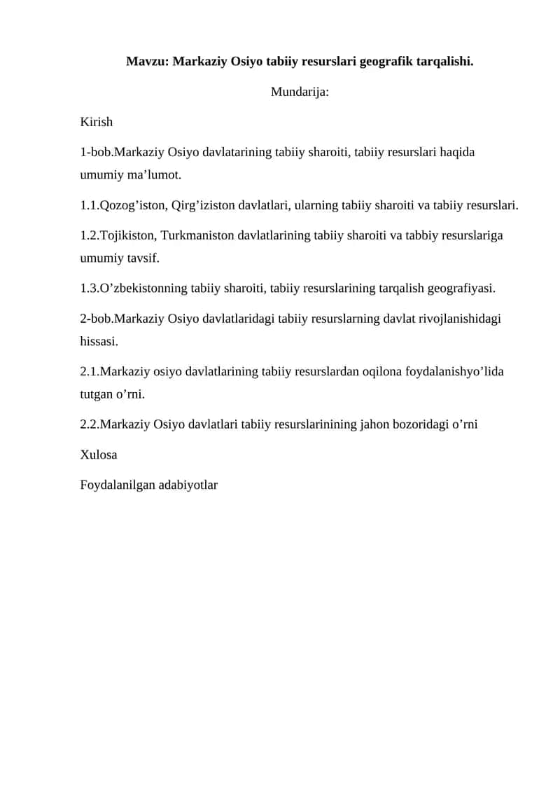 Markaziy Osiyo tabiiy resurslari geografik tarqalishi 1