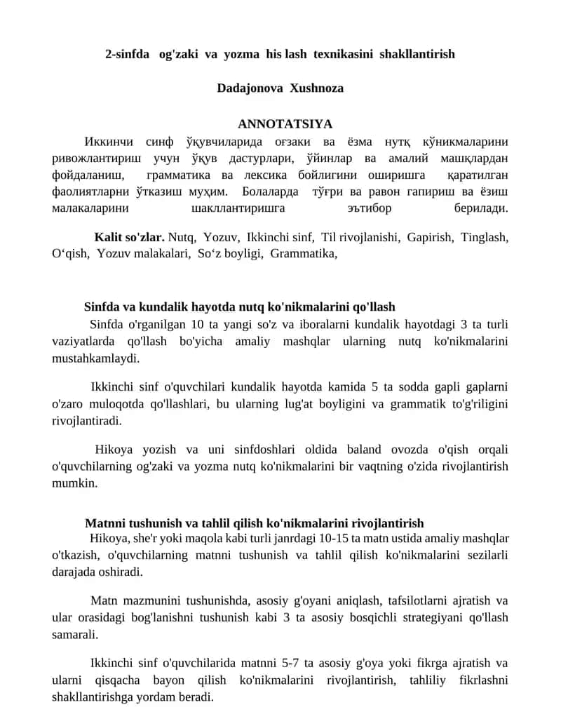 2-sinfda og'zaki va yozma his lash texnikasini shakllantirish 1