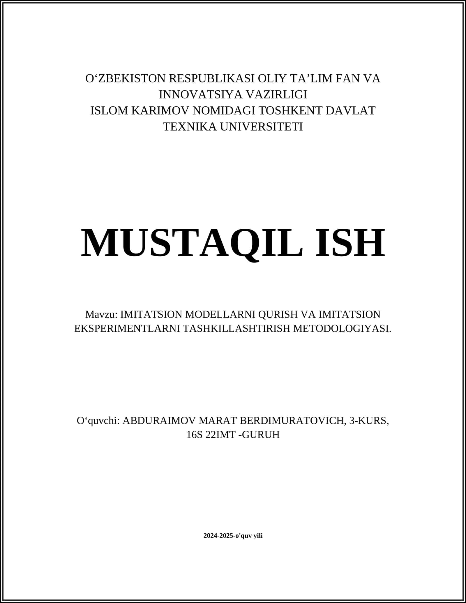 IMITATSION MODELLARNI QURISH VA IMITATSION EKSPERIMENTLARNI TASHKILLASHTIRISH METODOLOGIYASI 1
