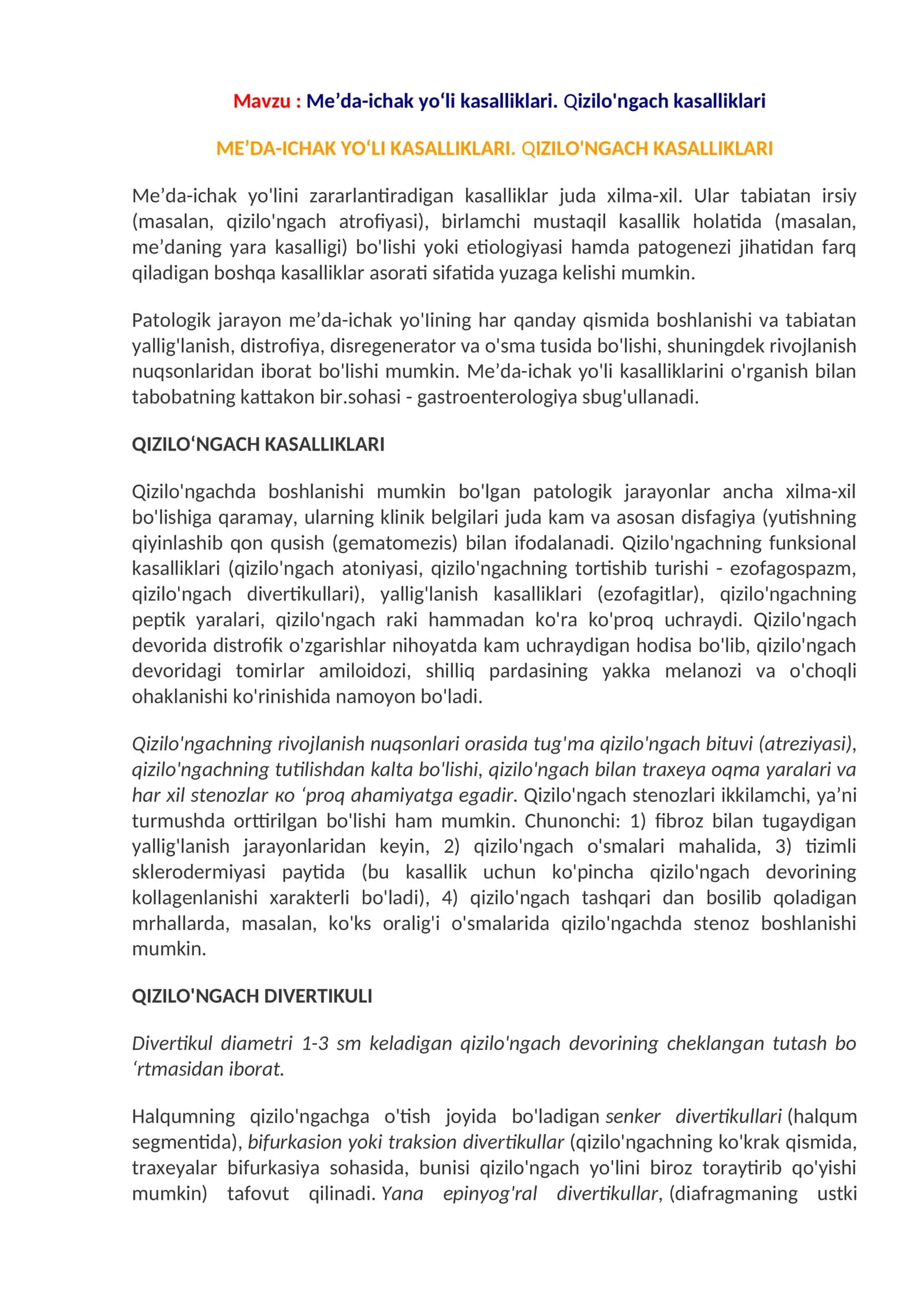 Me’da-ichak yo‘li kasalliklari. Qizilo'ngach kasalliklari 1