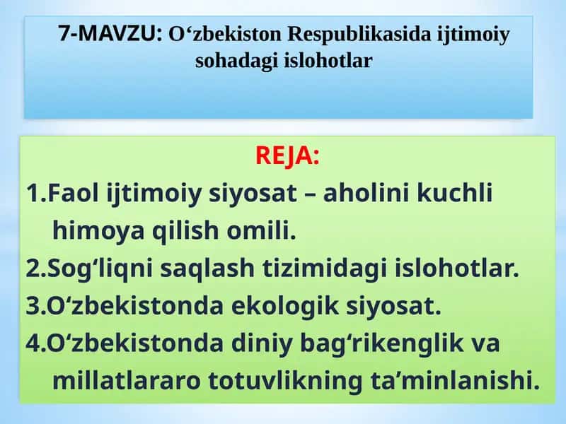 O‘zbekiston Respublikasida ijtimoiy sohadagi islohotlar 1
