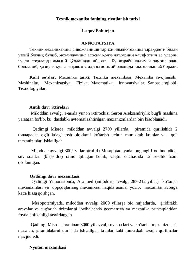 Texnik mexanika fanining rivojlanish tarixi 1