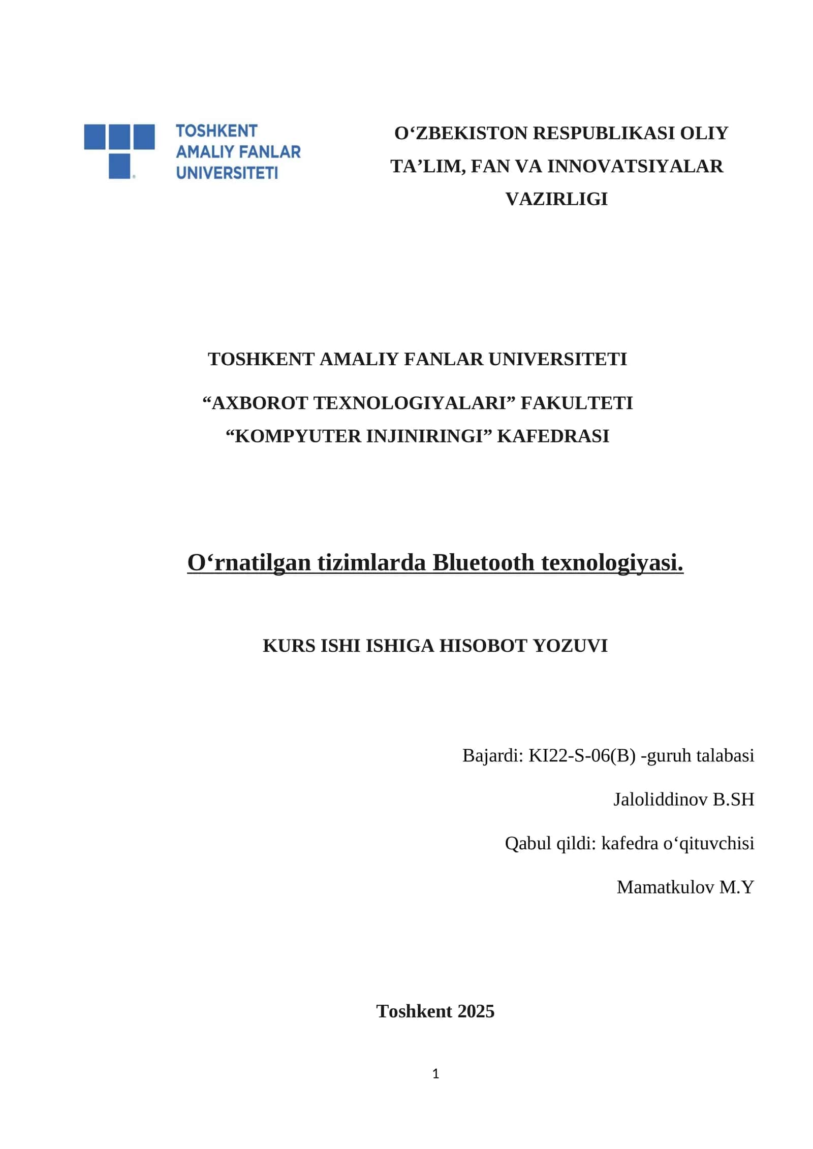 O‘rnatilgan tizimlarda Bluetooth texnologiyasi 1