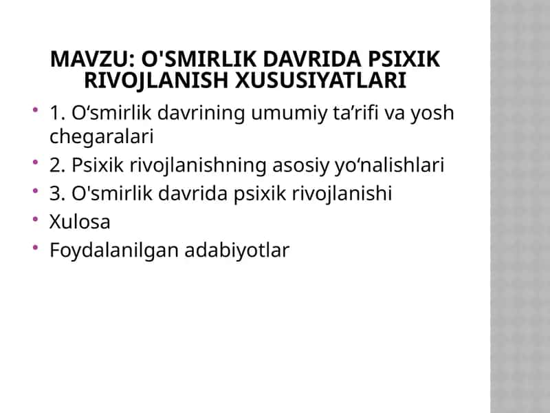 O'smirlik davrida psixik rivojlanish xususiyatlari 1