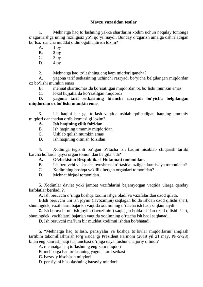 Mavzu yuzasidan testlar 1