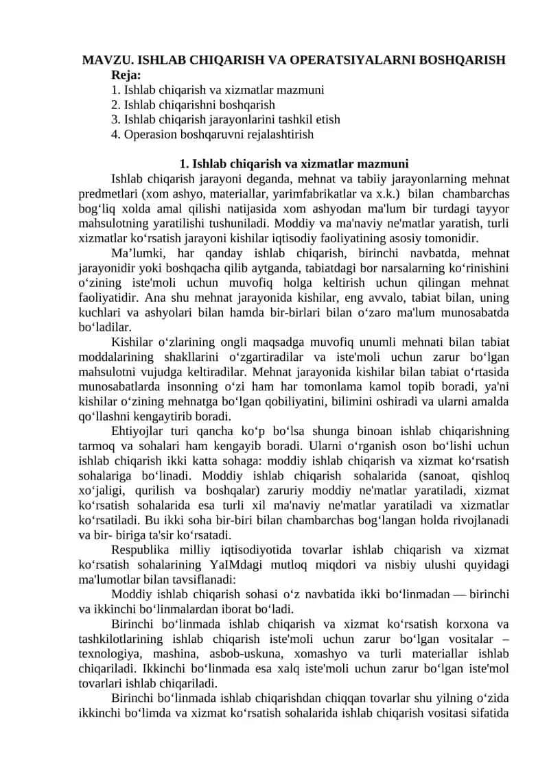 Ishlab chiqarish va operatsiyalarni boshqarish 1