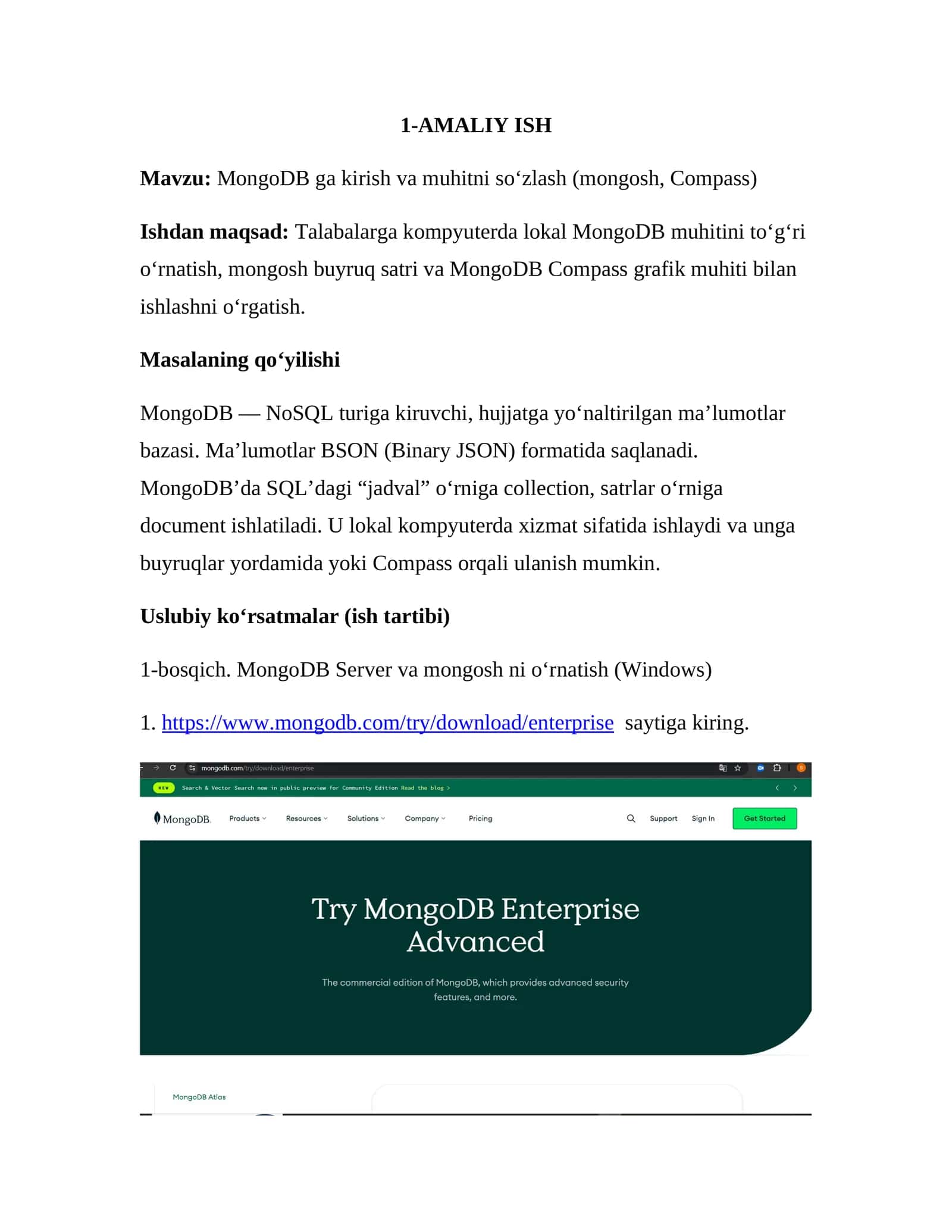 MongoDB ga kirish va muhitni so‘zlash (mongosh, Compass) 1