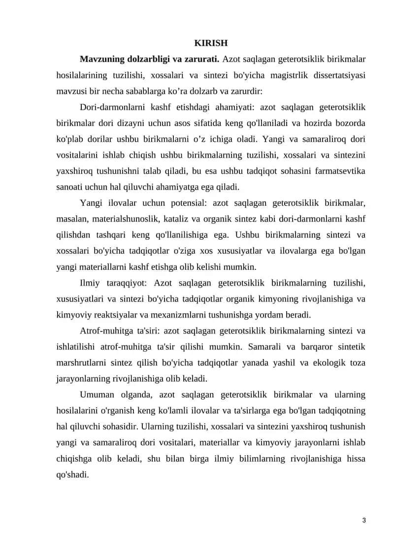 Azot saqlagan geterotsiklik birikmalar hosilalarining tuzilishi, xossalari va sintezi bo'yicha magistrlik dissertatsiyasi 1