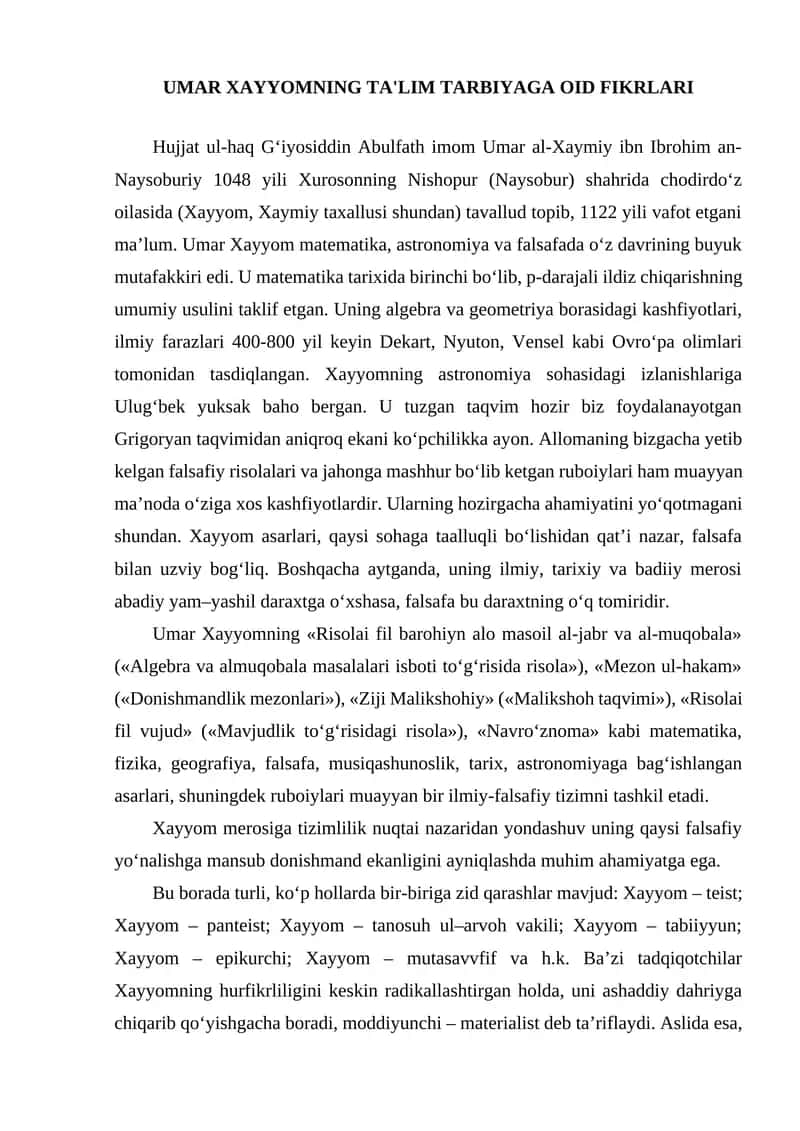 UMAR XAYYOMNING TA'LIM TARBIYAGA OID FIKRLARI 1