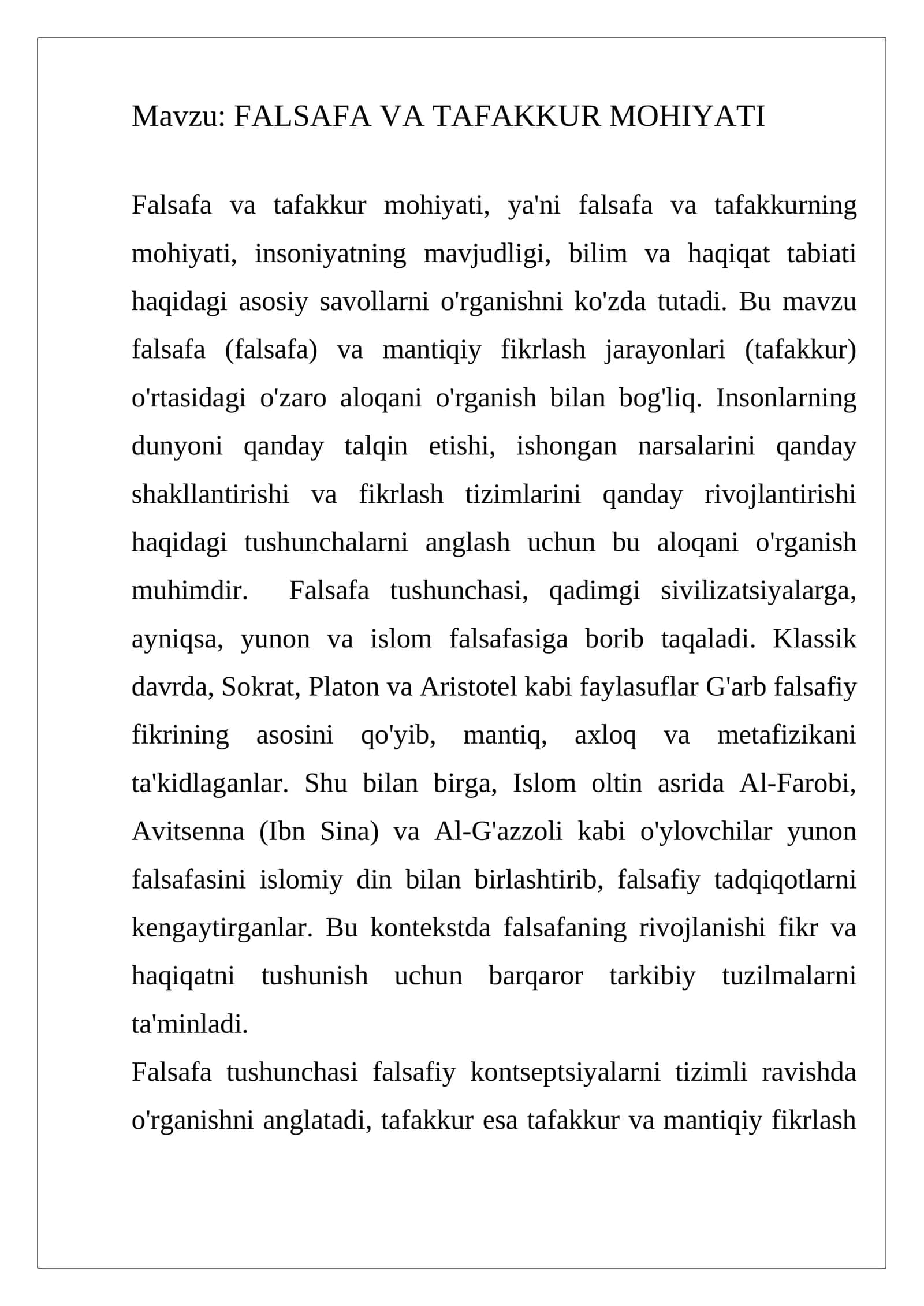 FALSAFA VA TAFAKKUR MOHIYATI 1