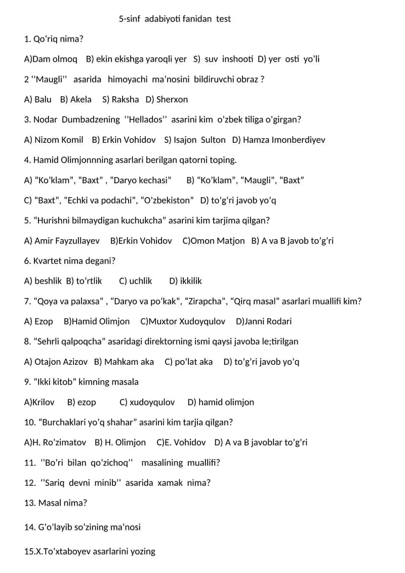 5-sinf adabiyot test 1