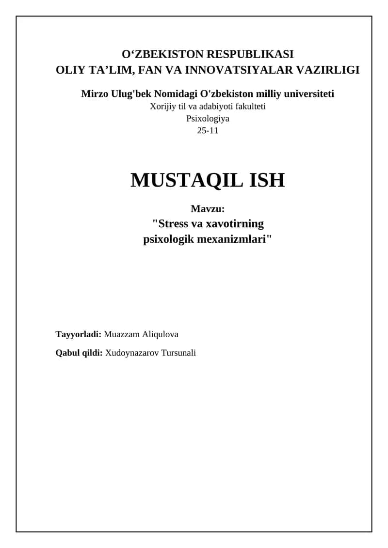 Stress va xavotirning psixologik mexanizmlari 1