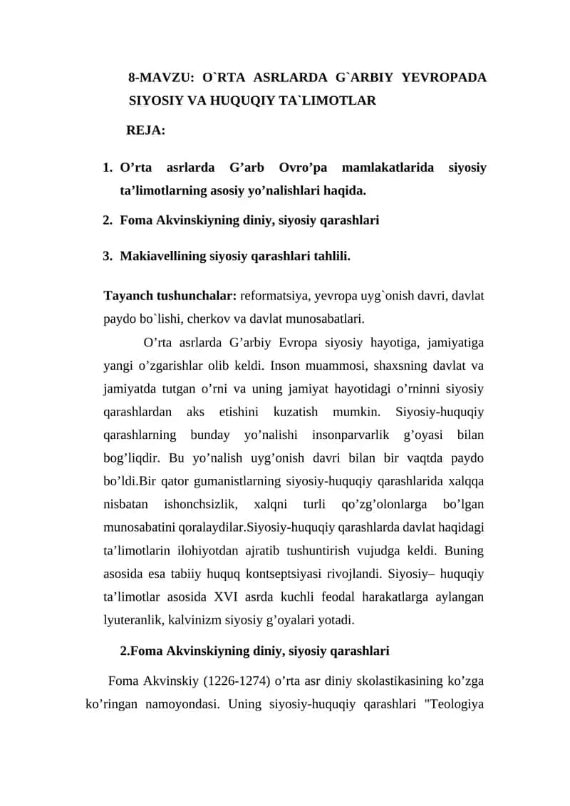 O`RTA ASRLARDA G`ARBIY YEVROPADA SIYOSIY VA HUQUQIY TA`LIMOTLAR 1