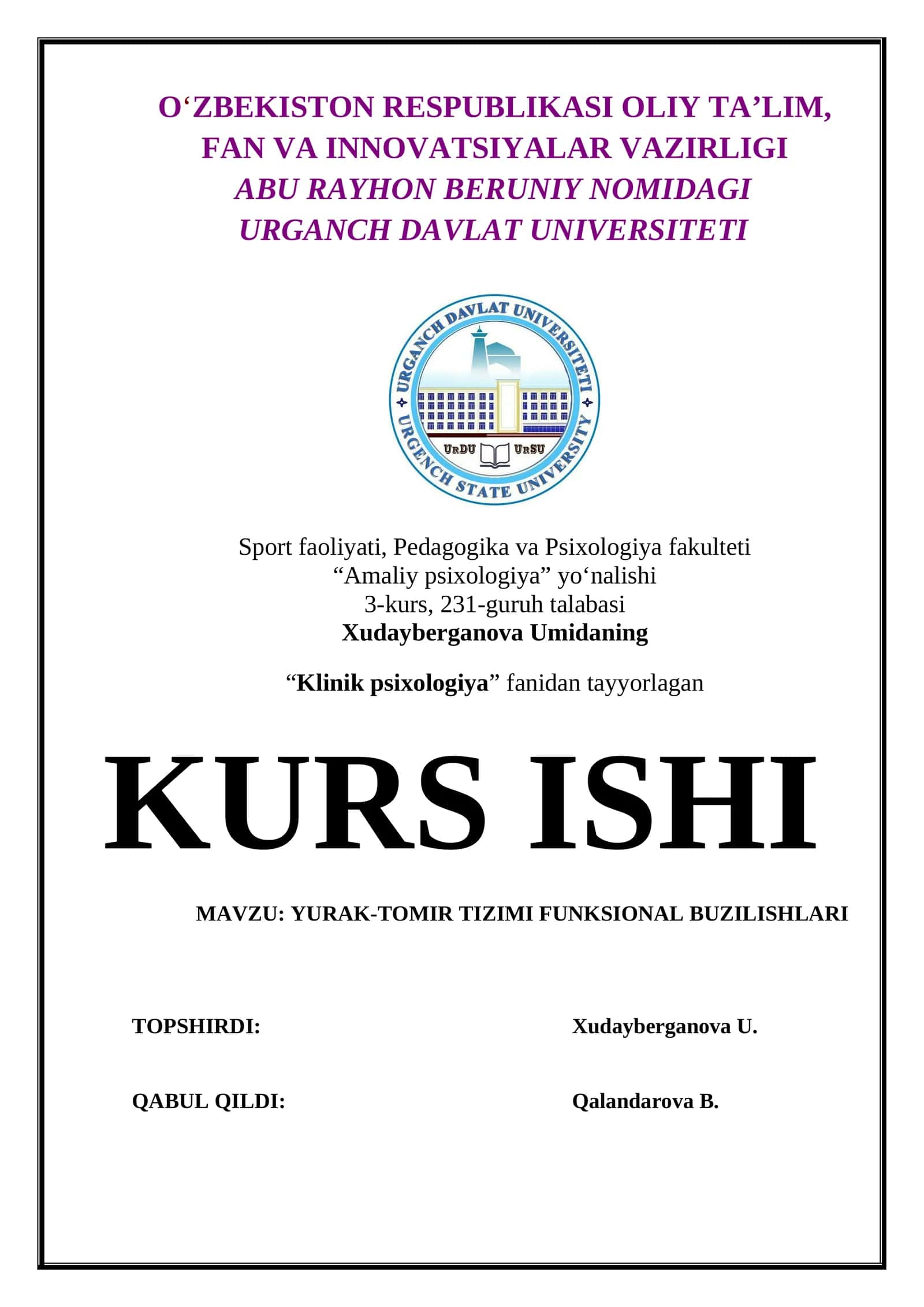 YURAK TOMIR TIZIMI FUNKSIONAL BUZILISHLARI . KURS ISHI 1