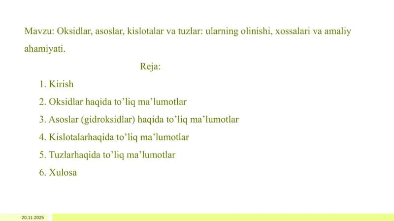 Oksidlar, asoslar, kislotalar va tuzlar haqida to'liq ma'lumotlar 1