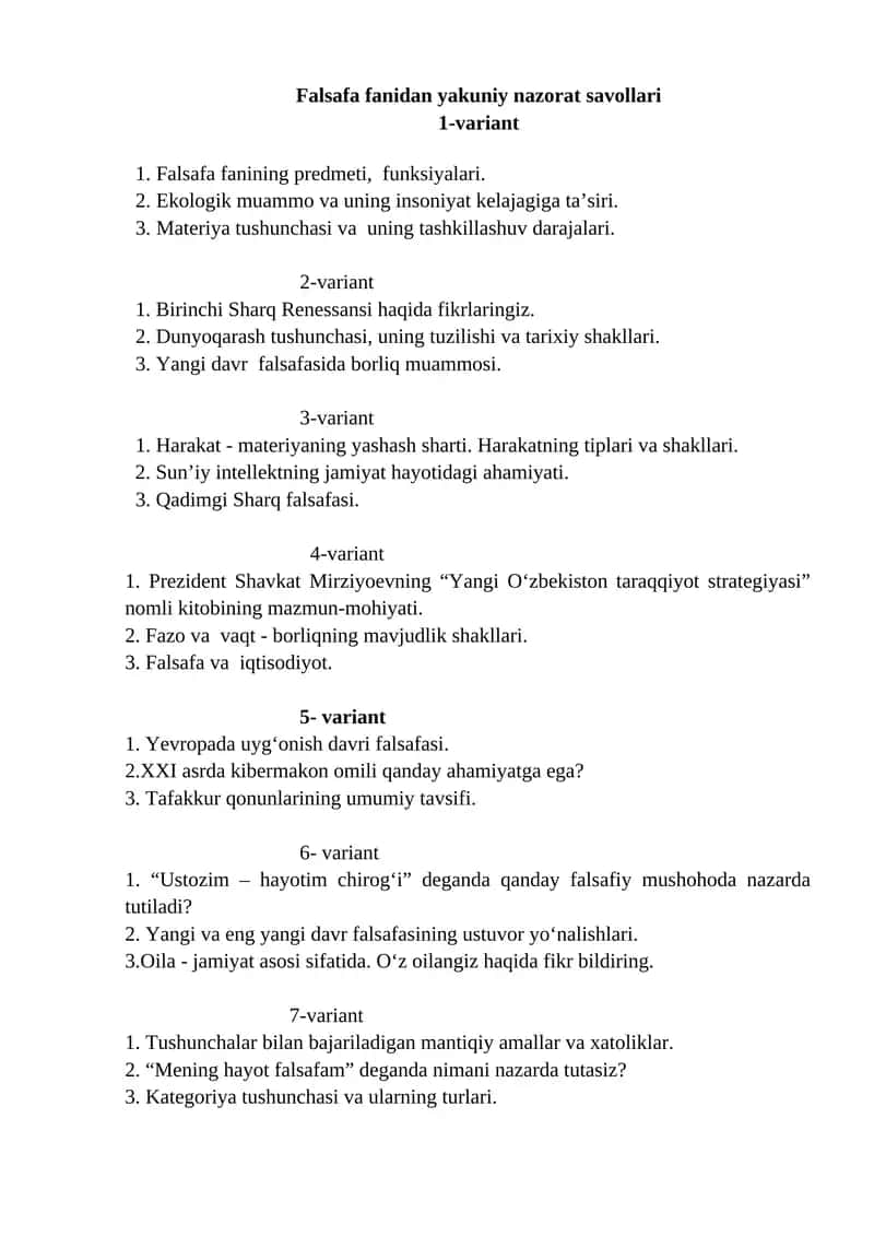 Falsafa fanidan yakuniy nazorat savollari 1