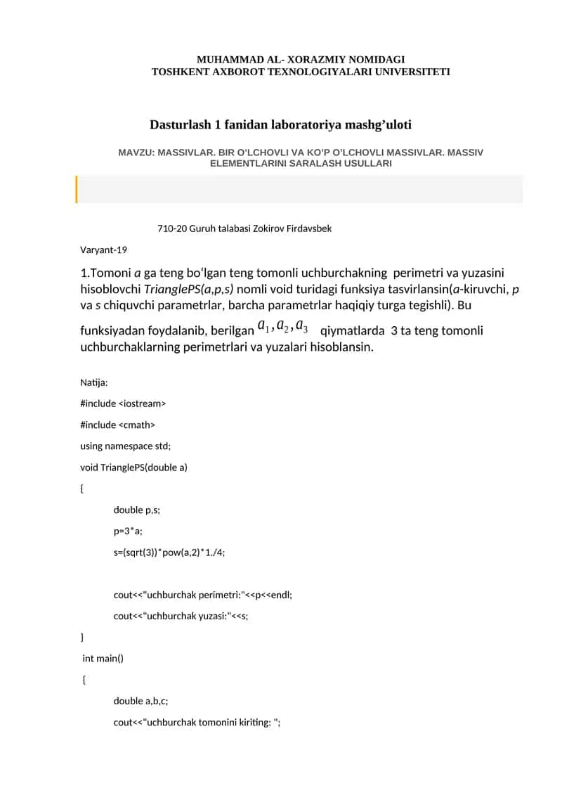 MASSIVLAR. BIR O’LCHOVLI VA KO’P O’LCHOVLI MASSIVLAR. MASSIV ELEMENTLARINI SARALASH USULLARI 1