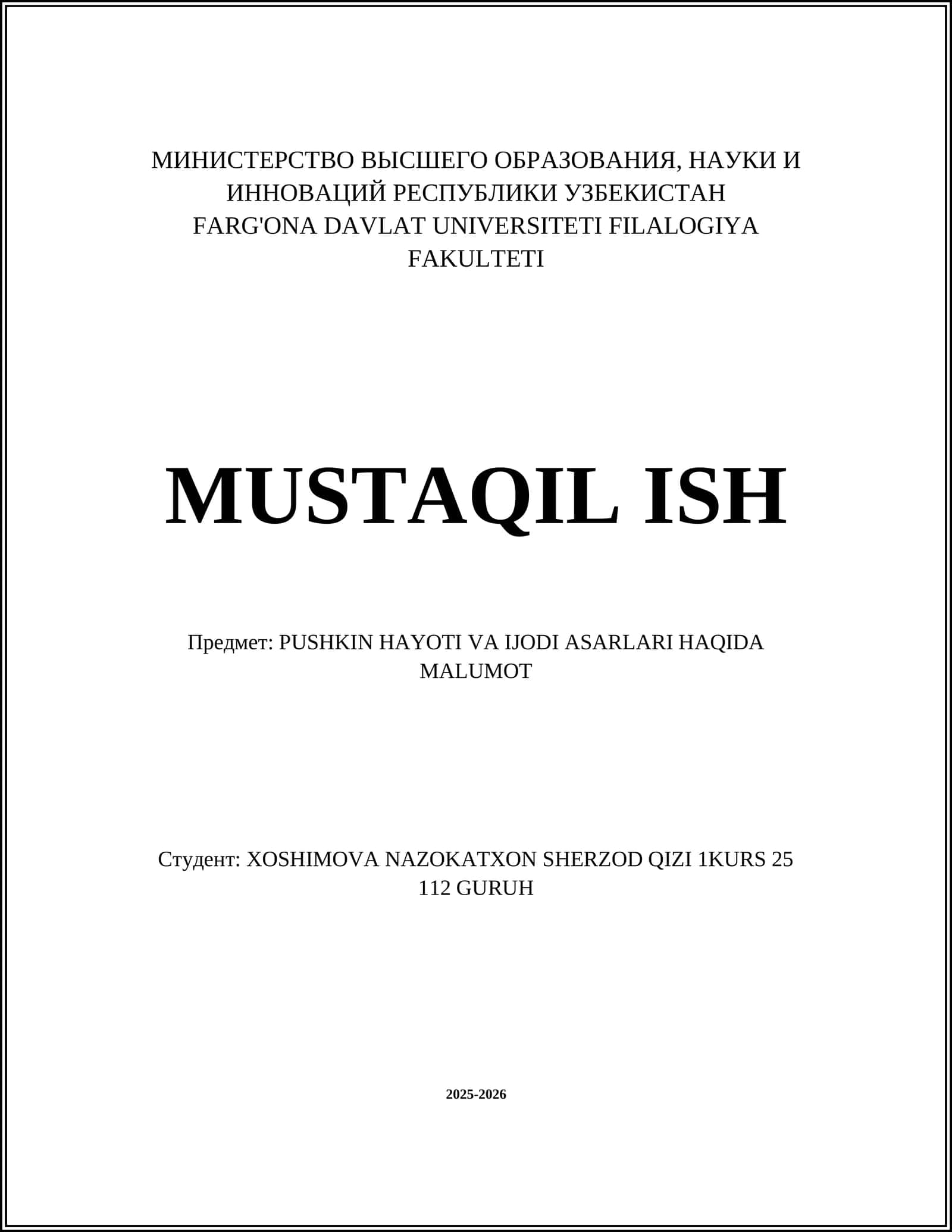 PUSHKIN HAYOTI VA IJODI ASARLARI HAQIDA MALUMOT 1