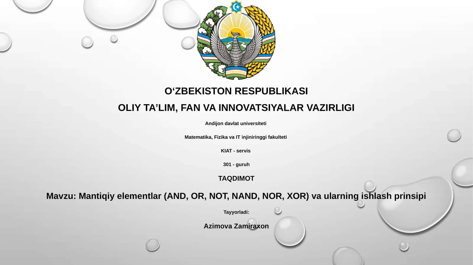 Mantiqiy elementlar (AND, OR, NOT, NAND, NOR, XOR) va ularning ishlash prinsipi 1