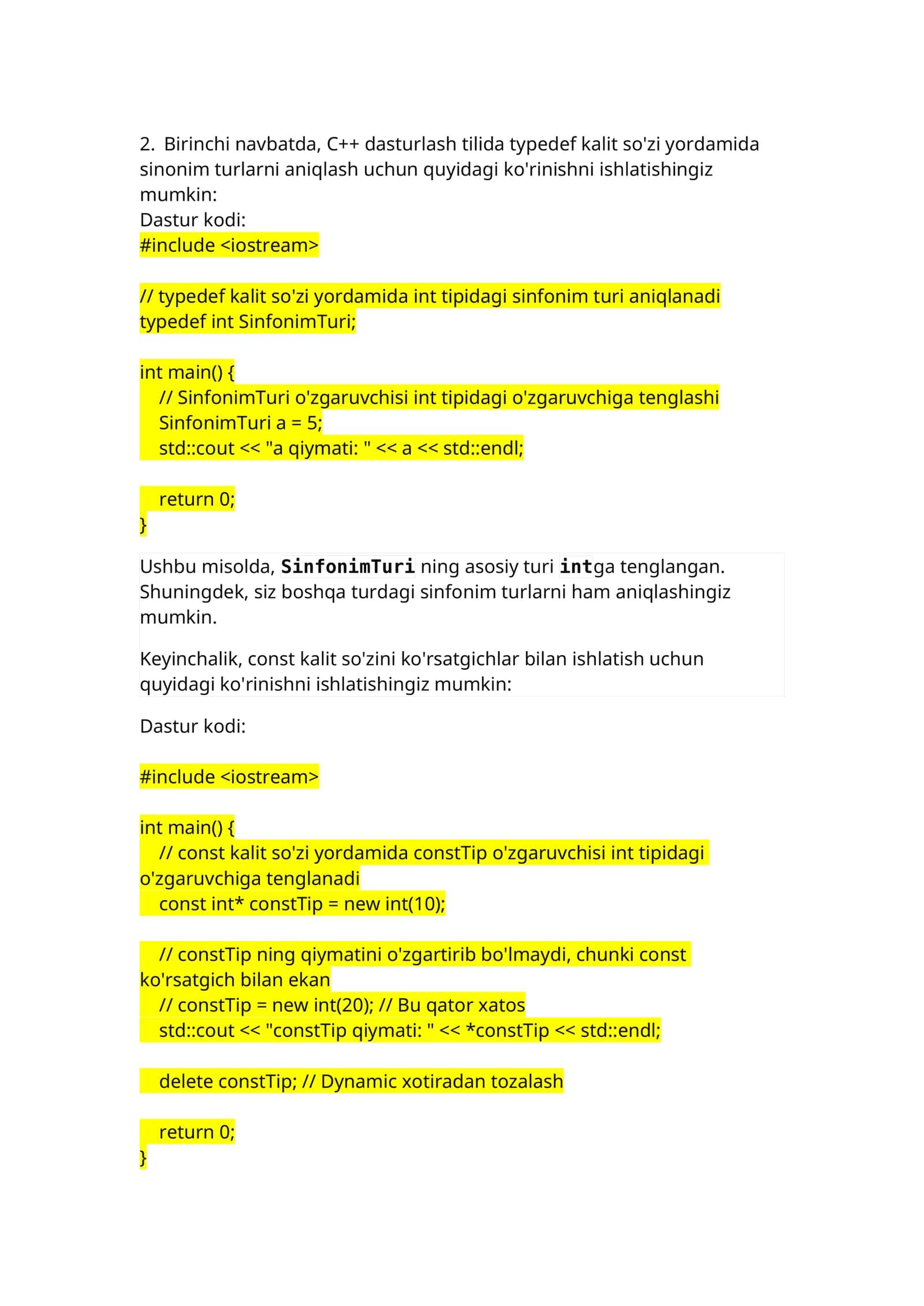 C++ dasturlash tilida typedef va const kalit so'zlari 1