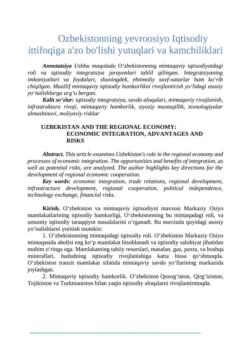 O‘zbekiston va mintaqaviy iqtisodiyot mavzusi 1