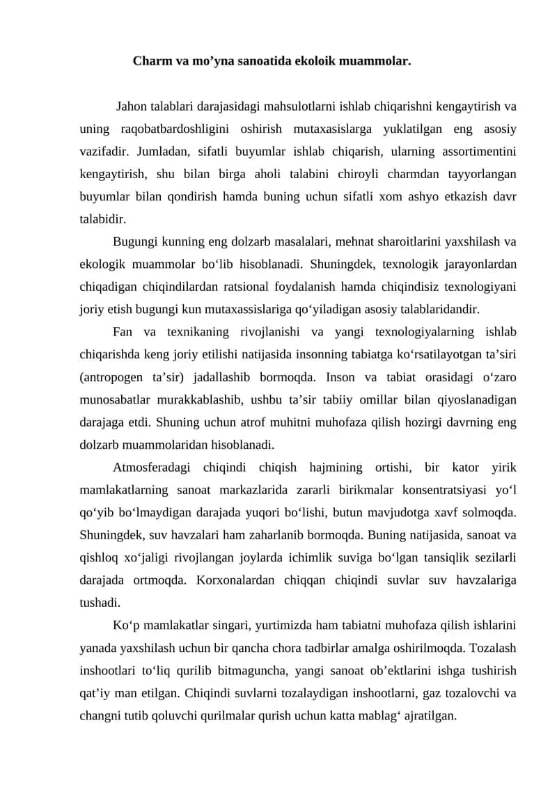 Charm va mo’yna sanoatida ekoloik muammolar 1