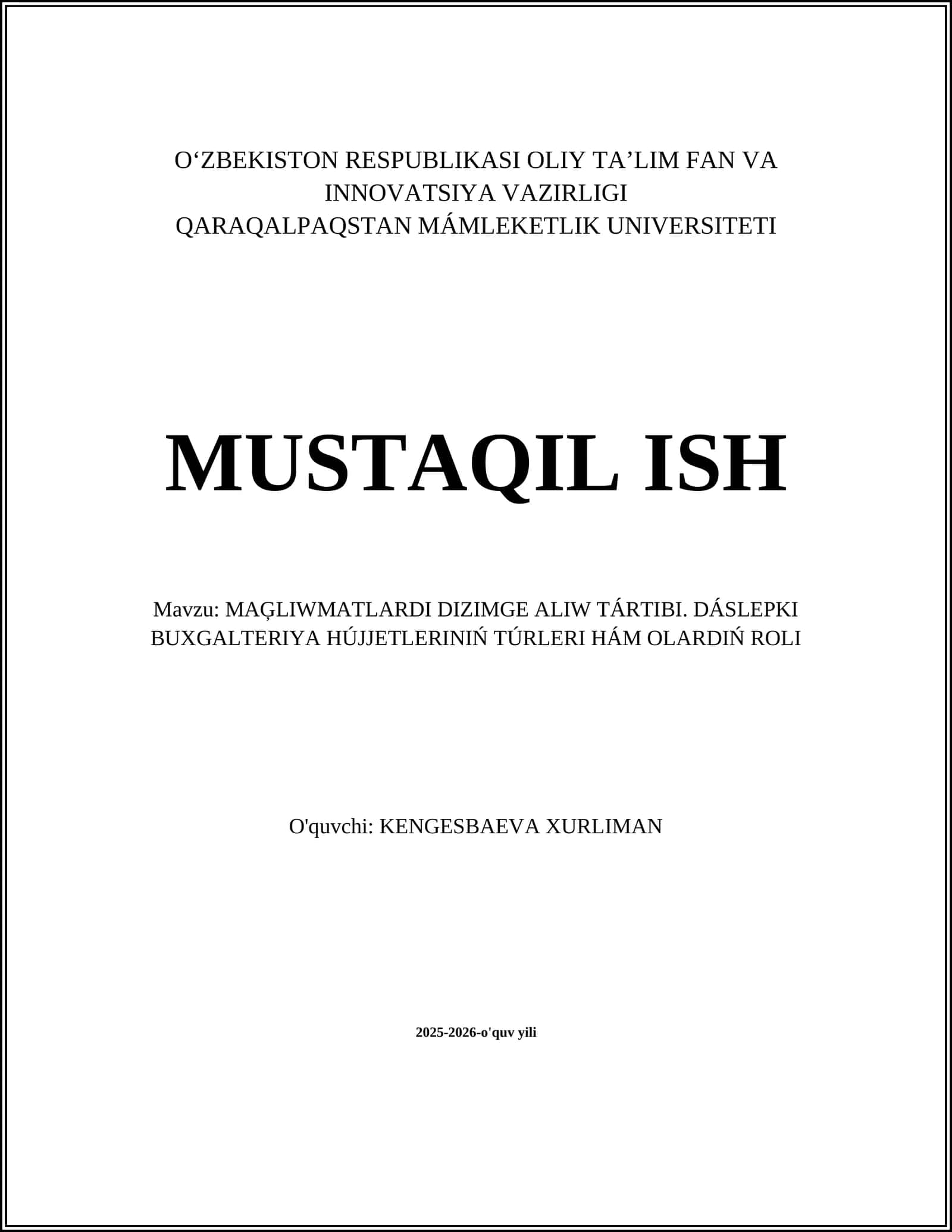 MAĢLIWMATLARDI DIZIMGE ALIW TÁRTIBI 1