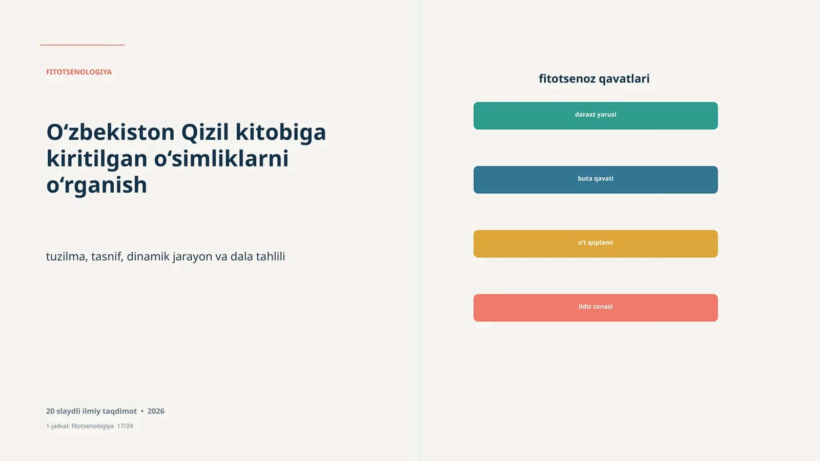 FITOTSENOLOGIYA Study of the plant species introduced into the Red Book of Uzbekistan includes structure, classification, dynamic processes, and field analysis in a 20-slide scientific presentation 1