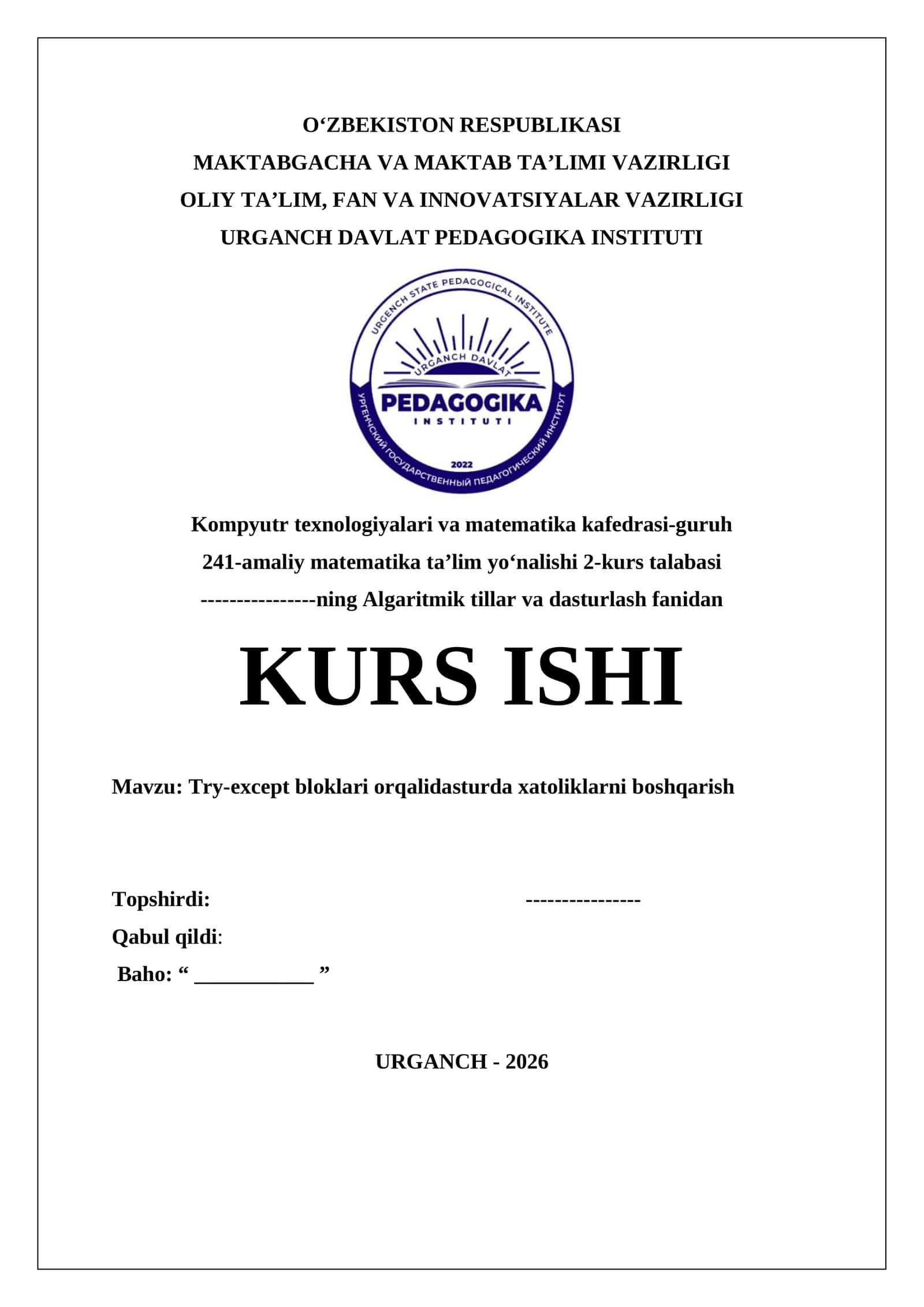 Try-except bloklari orqalidasturda xatoliklarni boshqarish 1