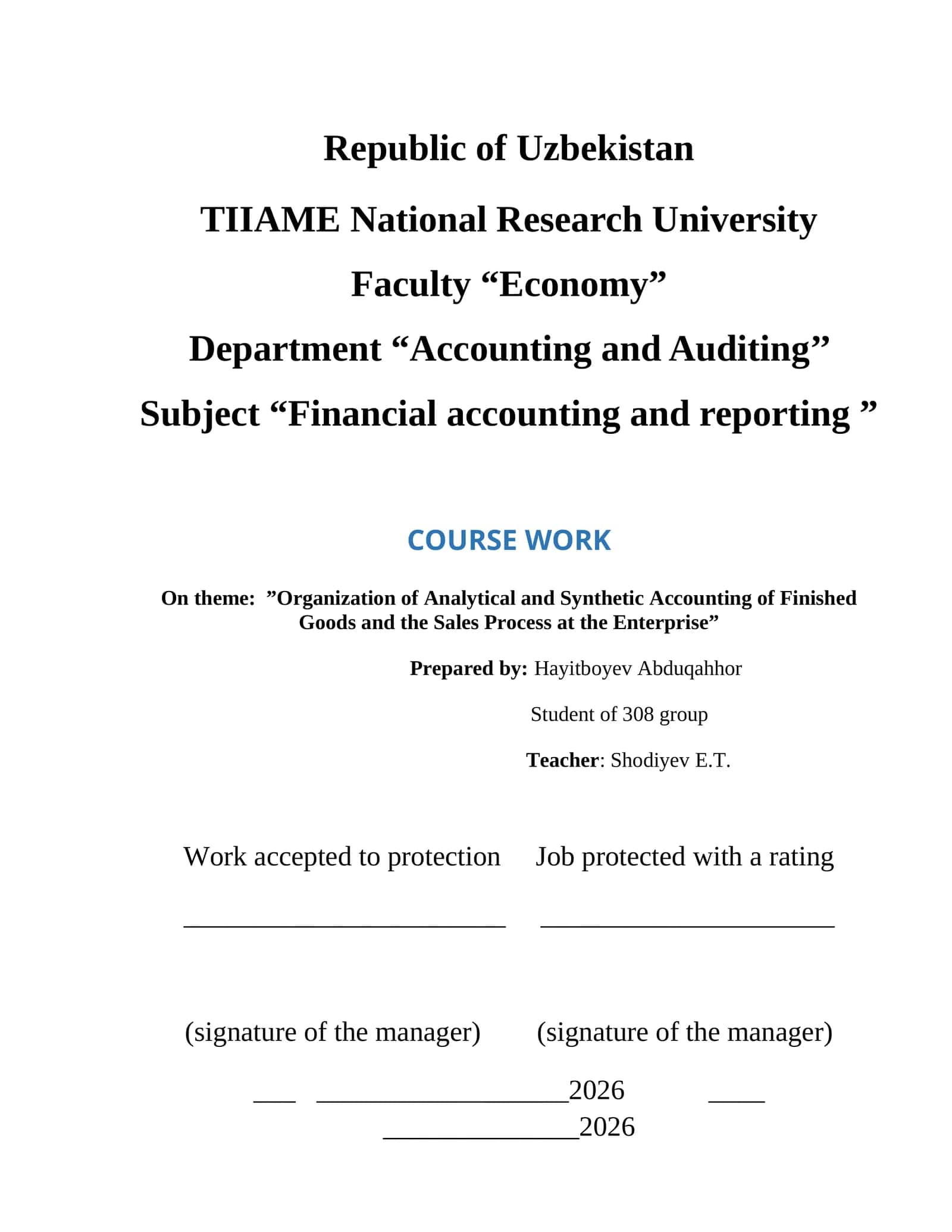 Organization of Analytical and Synthetic Accounting of Finished Goods and the Sales Process at an Enterprise 1
