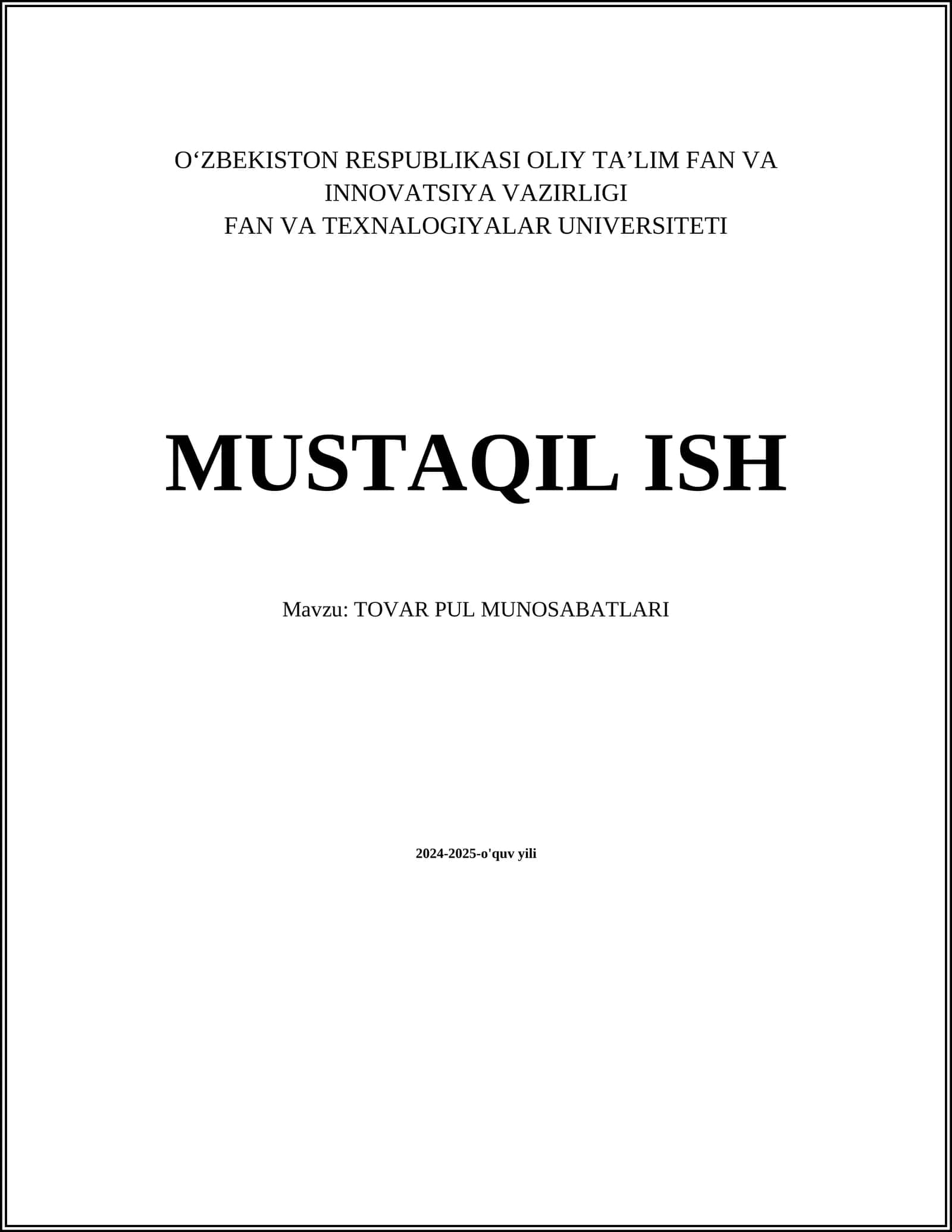 TOVAR PUL MUNOSABATLARI 1