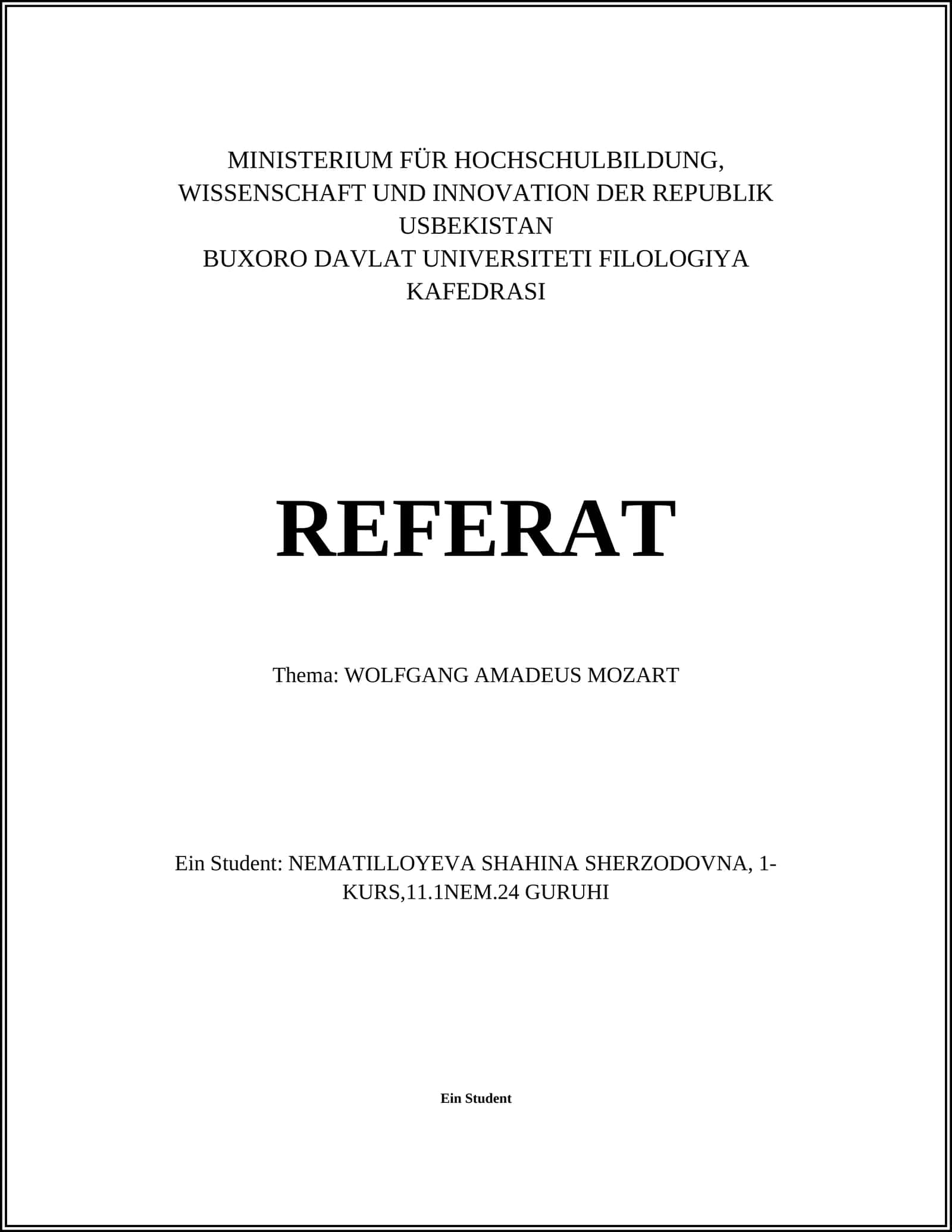 REFERAT Thema: WOLFGANG AMADEUS MOZART 1