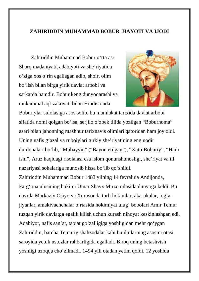 ZAHIRIDDIN MUHAMMAD BOBUR HAYOTI VA IJODI 1