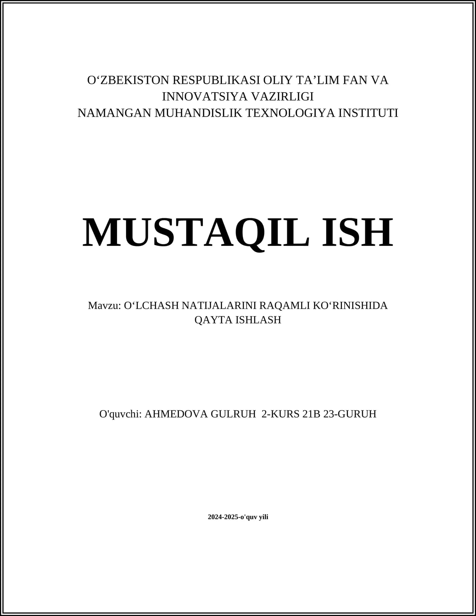 OʻLCHASH NATIJALARINI RAQAMLI KOʻRINISHIDA QAYTA ISHLASH 1