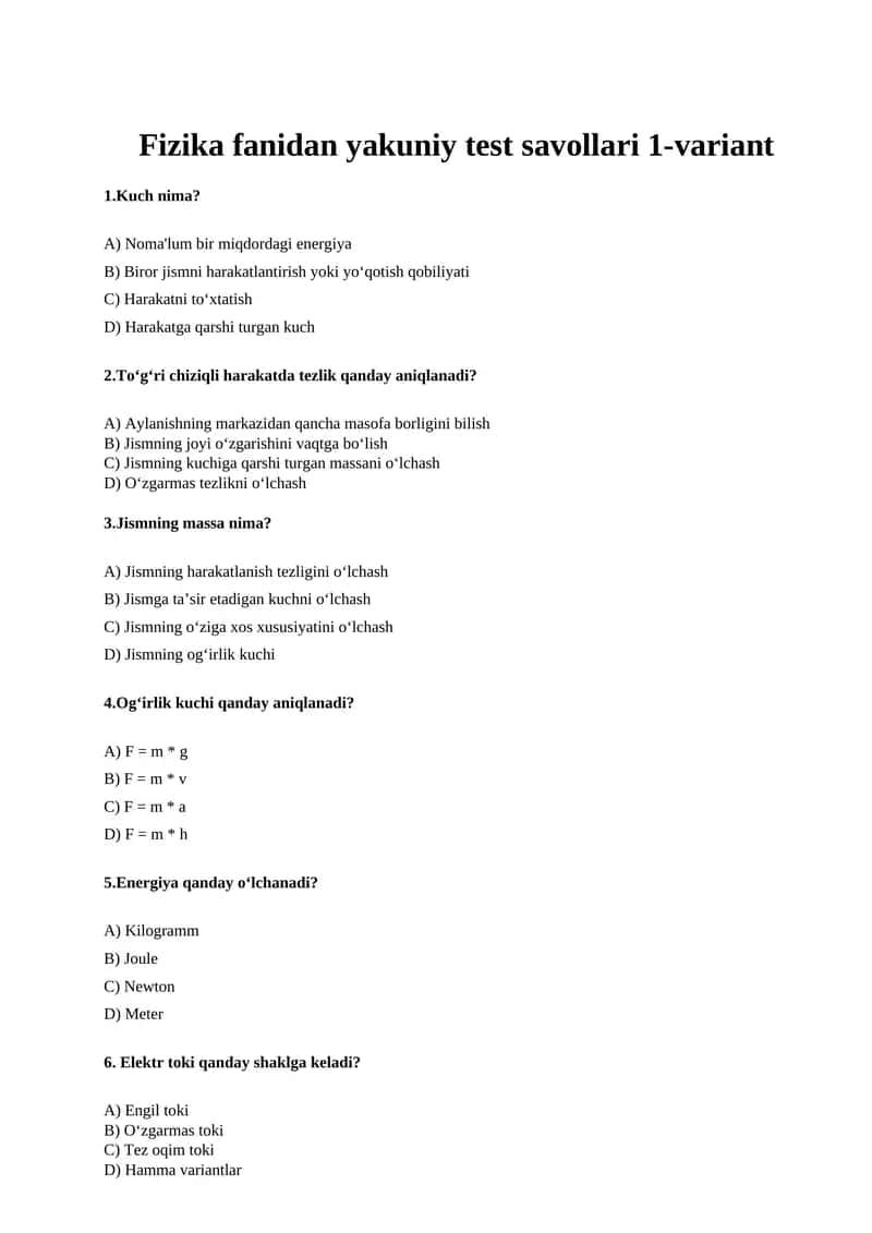 Fizika fanidan Test kalitlari bilan 1