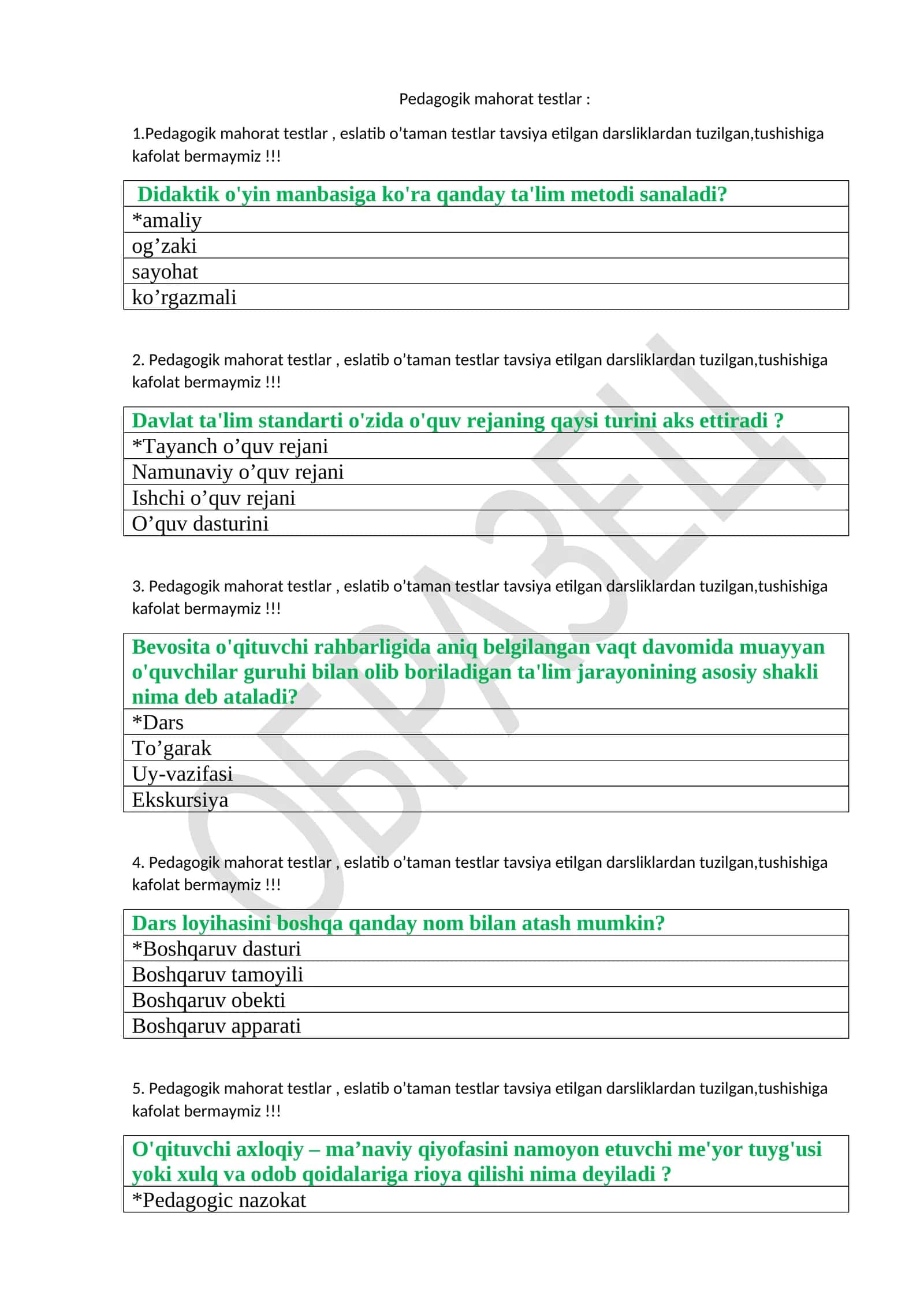 Pedagogik mahorat testlar 1