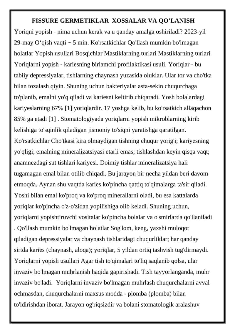 Yoriqlarni yopish - kariesning birlamchi profilaktikasi usuli 1