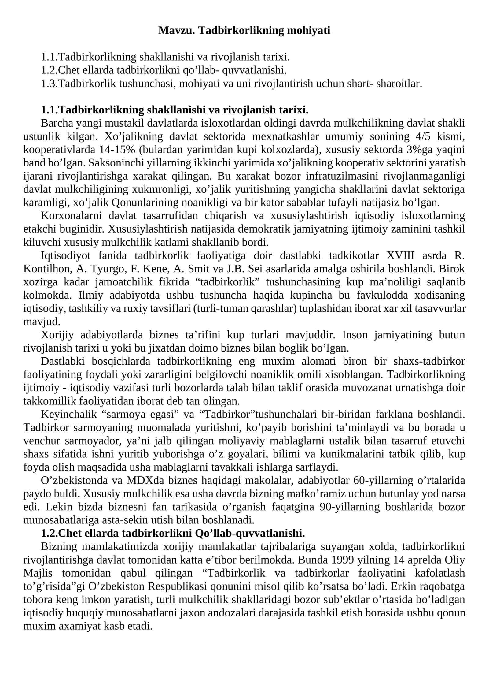 Tadbirkorlikning mohiyati 1